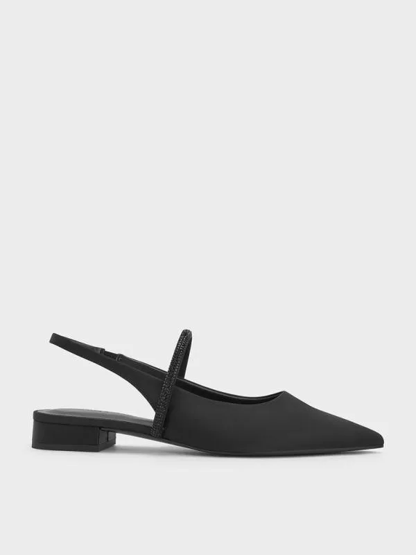 Women Satin CrystalStrap PointedToe Slingback Flats 8211 Black Textured CHARLES and KEITH Ballet Flats Women Satin CrystalStrap PointedToe Slingback Flats 8211 Black Textured CHARLES and KEITH Ballet Flats
