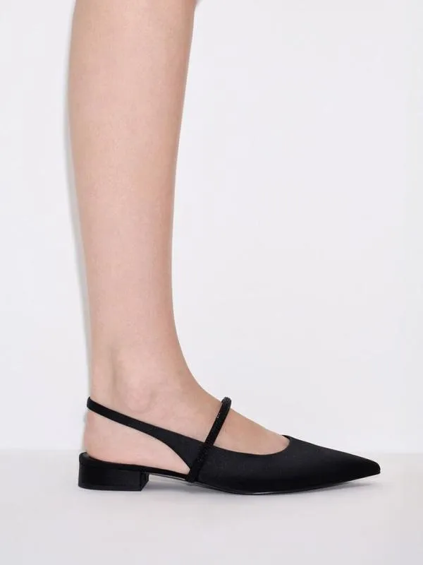Women Satin CrystalStrap PointedToe Slingback Flats 8211 Black Textured CHARLES and KEITH Ballet Flats