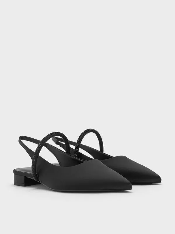Women Satin CrystalStrap PointedToe Slingback Flats 8211 Black Textured CHARLES and KEITH Ballet Flats