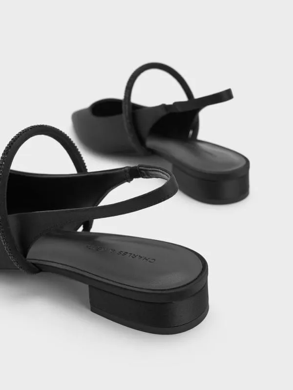 Women Satin CrystalStrap PointedToe Slingback Flats 8211 Black Textured CHARLES and KEITH Ballet Flats