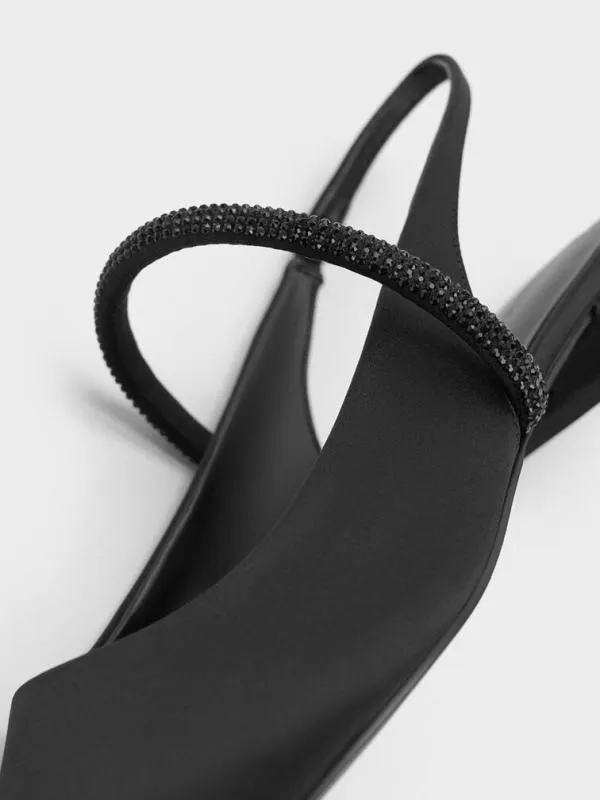Women Satin CrystalStrap PointedToe Slingback Flats 8211 Black Textured CHARLES and KEITH Ballet Flats