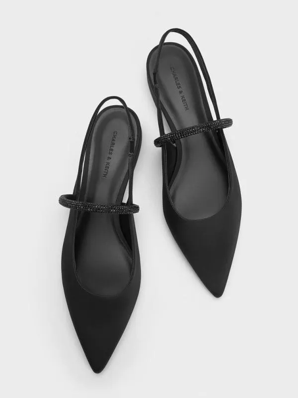 Women Satin CrystalStrap PointedToe Slingback Flats 8211 Black Textured CHARLES and KEITH Ballet Flats