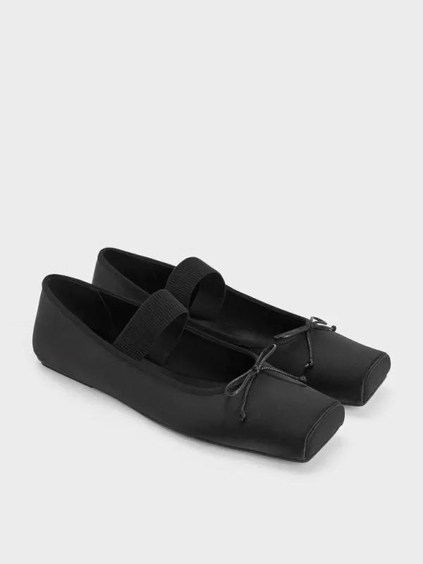 Women Satin SquareToe Mary Jane Ballet Flats 8211 Black Textured CHARLES and KEITH Flats