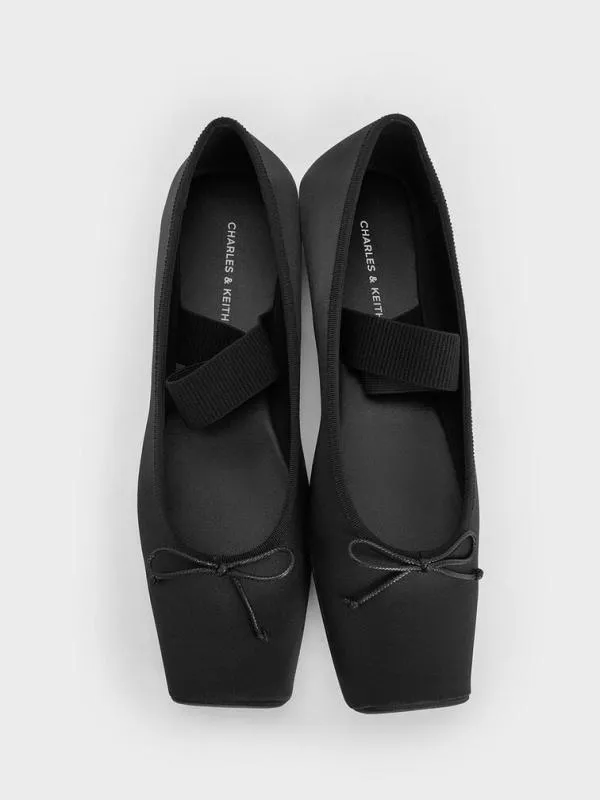 Women Satin SquareToe Mary Jane Ballet Flats 8211 Black Textured CHARLES and KEITH Flats
