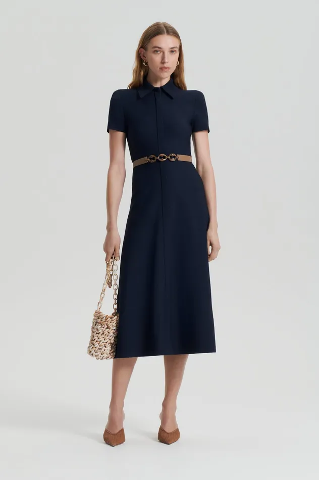 Women Scanlan Theodore CREPE KNIT ZIP SHIRT DRESS NAVY Dresses