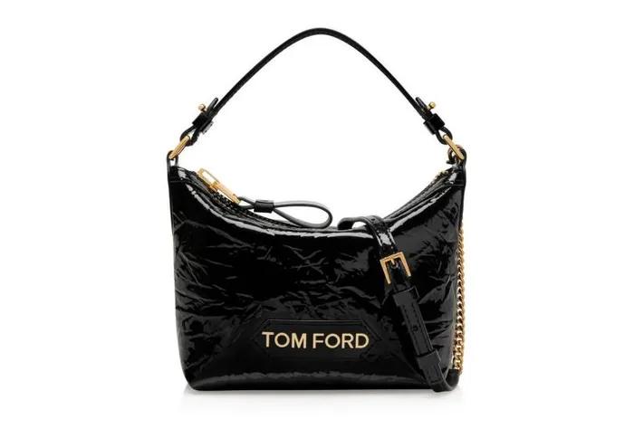 Women Shoulder Bags Tom Ford Crinkled Patent Leather Label Small Pouch Black