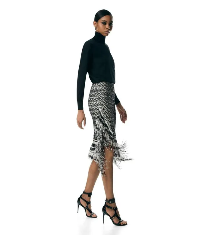 Women Skirts Tom Ford ZigZag Bugle Beads Embroidery On Tulle Skirt Blackwhite