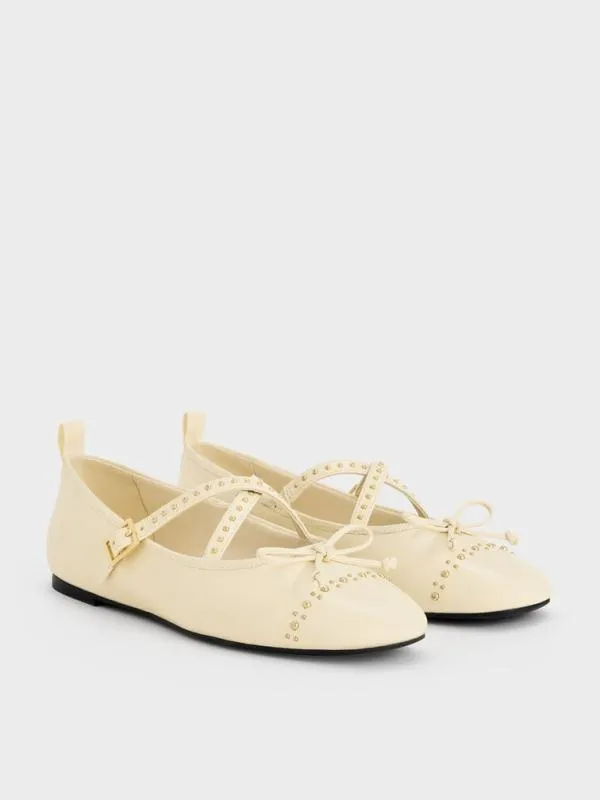Women Studded CrossoverStrap Mary Jane Flats 8211 Chalk CHARLES and KEITH Ballet Flats