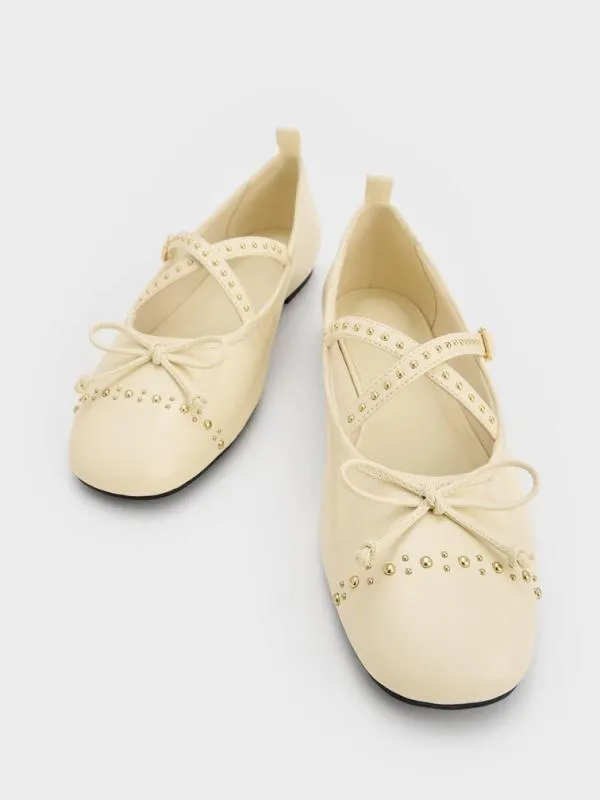 Women Studded CrossoverStrap Mary Jane Flats 8211 Chalk CHARLES and KEITH Ballet Flats