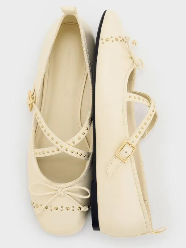 Women Studded CrossoverStrap Mary Jane Flats 8211 Chalk CHARLES and KEITH Ballet Flats