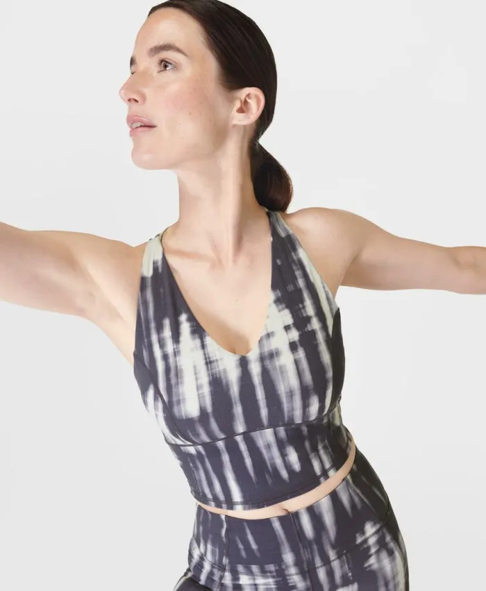 Women Super Soft Crop Strappy Back Gym Vest Grey Bokeh Print Sweaty Betty Vest Tops