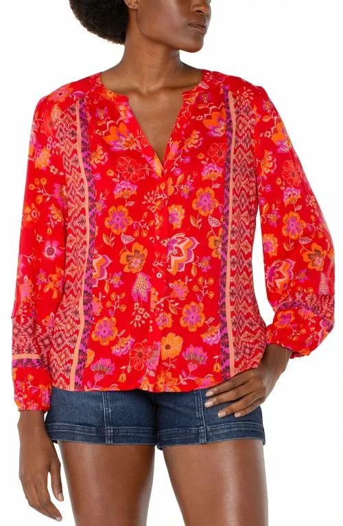 Women Tops Liverpool Los Angeles Button Front Shirred Blouse Red Orange Floral Women Tops Liverpool Los Angeles Button Front Shirred Blouse Red Orange Floral