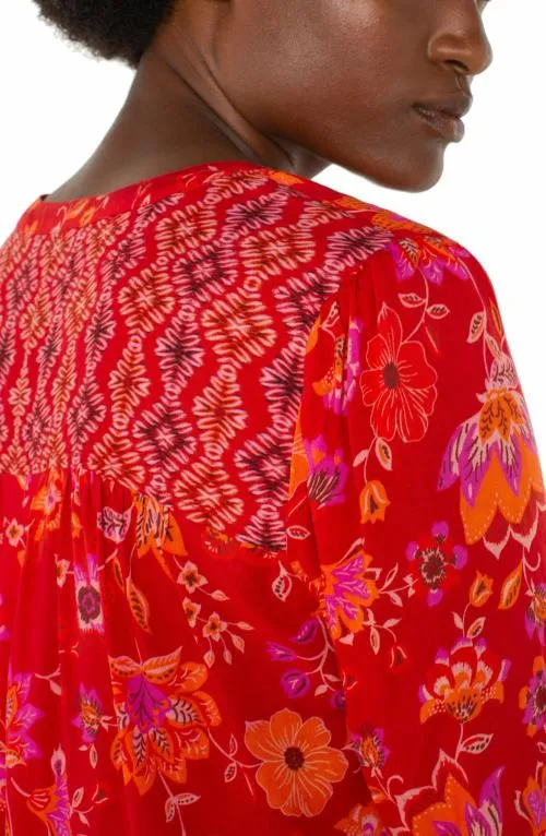 Women Tops Liverpool Los Angeles Button Front Shirred Blouse Red Orange Floral
