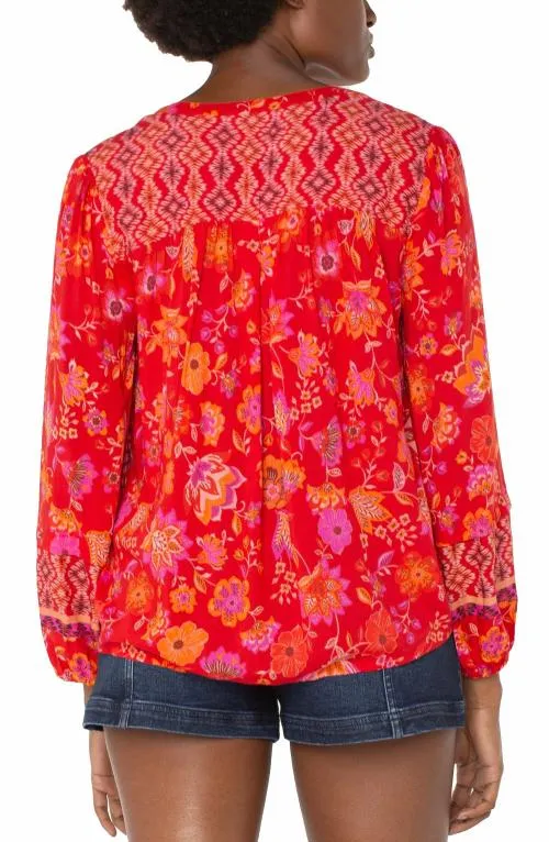 Women Tops Liverpool Los Angeles Button Front Shirred Blouse Red Orange Floral