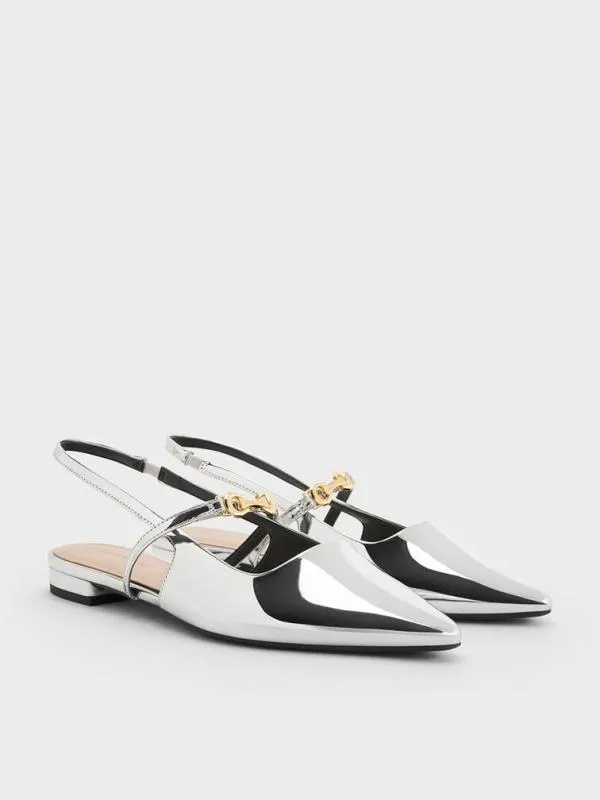 Women Trifina MetallicAccent PointedToe Slingback Flats 8211 Silver CHARLES and KEITH Ballet Flats