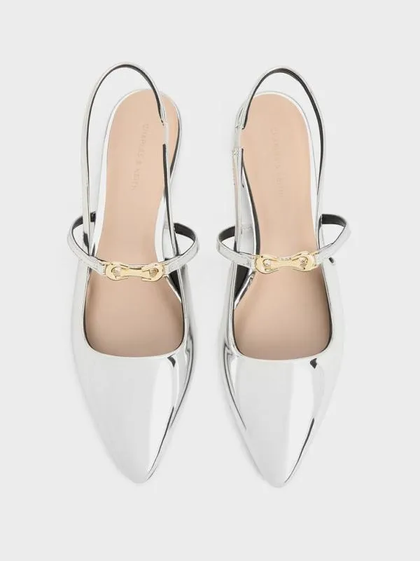 Women Trifina MetallicAccent PointedToe Slingback Flats 8211 Silver CHARLES and KEITH Ballet Flats