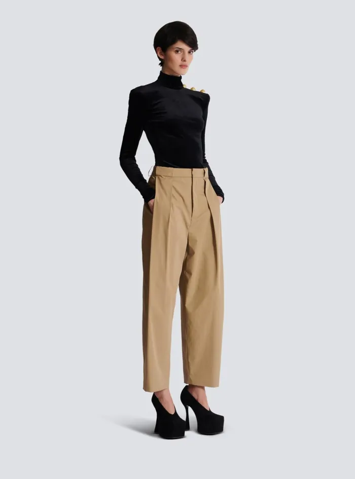 Women Trousers And Shorts Balmain Pleated Cotton Trousers Beige
