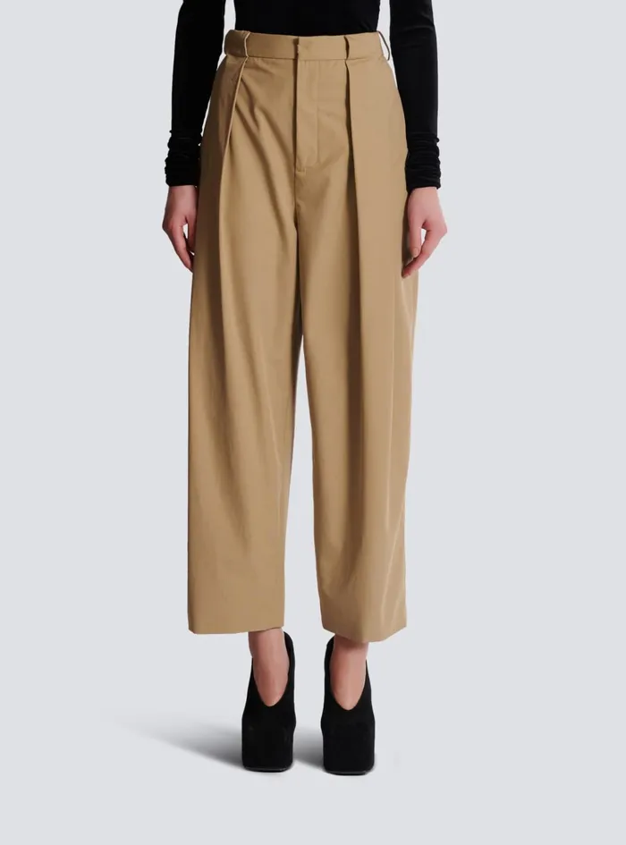 Women Trousers And Shorts Balmain Pleated Cotton Trousers Beige