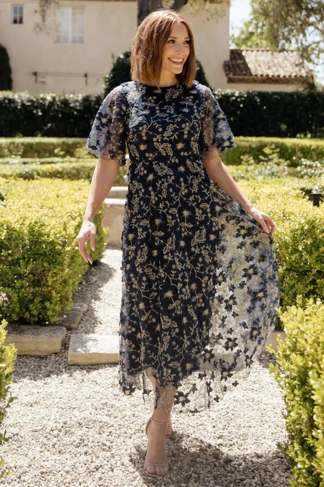 Women Tulle Styles Baltic Born Arabella Embroidered Tulle Maxi Dress Navy Gold