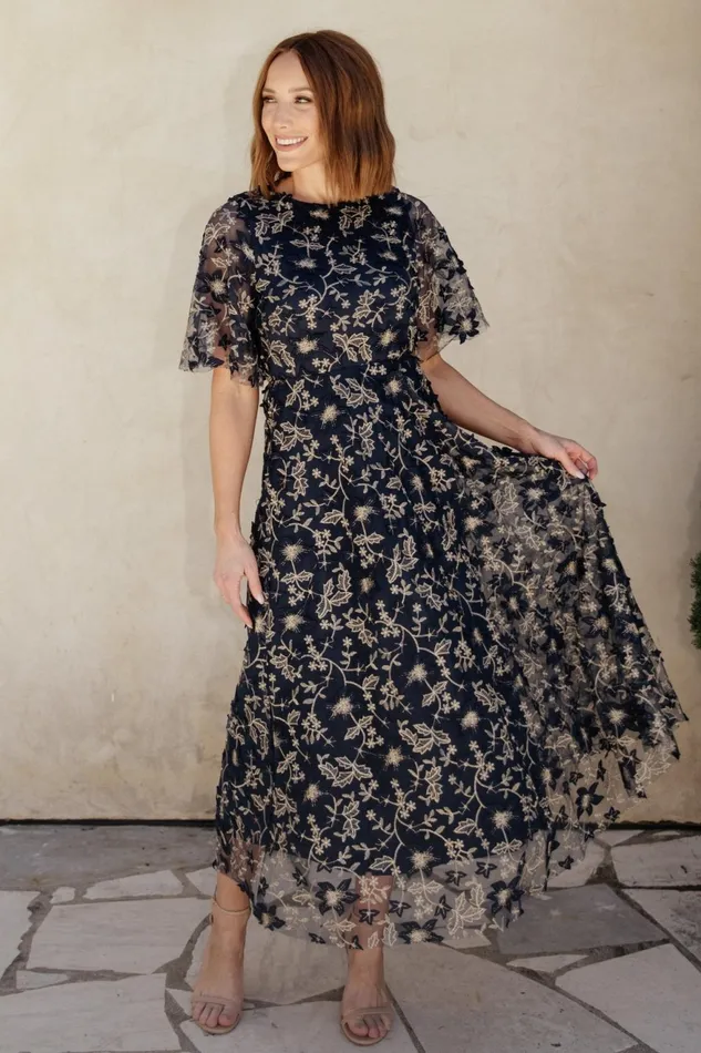 Women Tulle Styles Baltic Born Arabella Embroidered Tulle Maxi Dress Navy Gold Women Tulle Styles Baltic Born Arabella Embroidered Tulle Maxi Dress Navy Gold