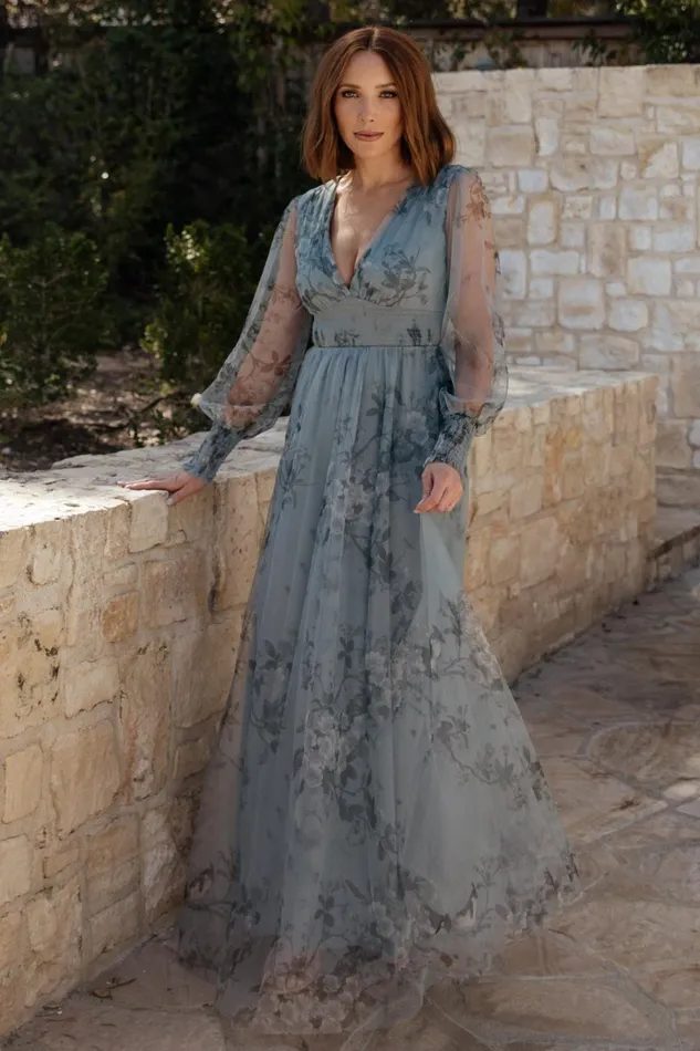 Women Tulle Styles Baltic Born Layla Tulle Maxi Dress Dusty Blue Floral