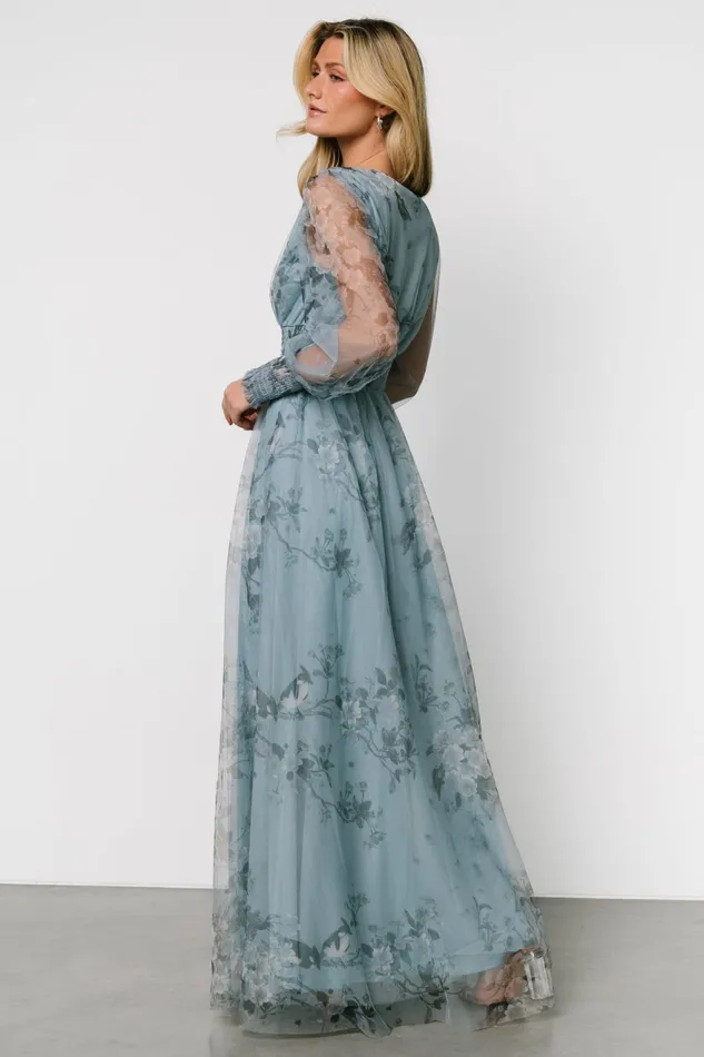 Women Tulle Styles Baltic Born Layla Tulle Maxi Dress Dusty Blue Floral