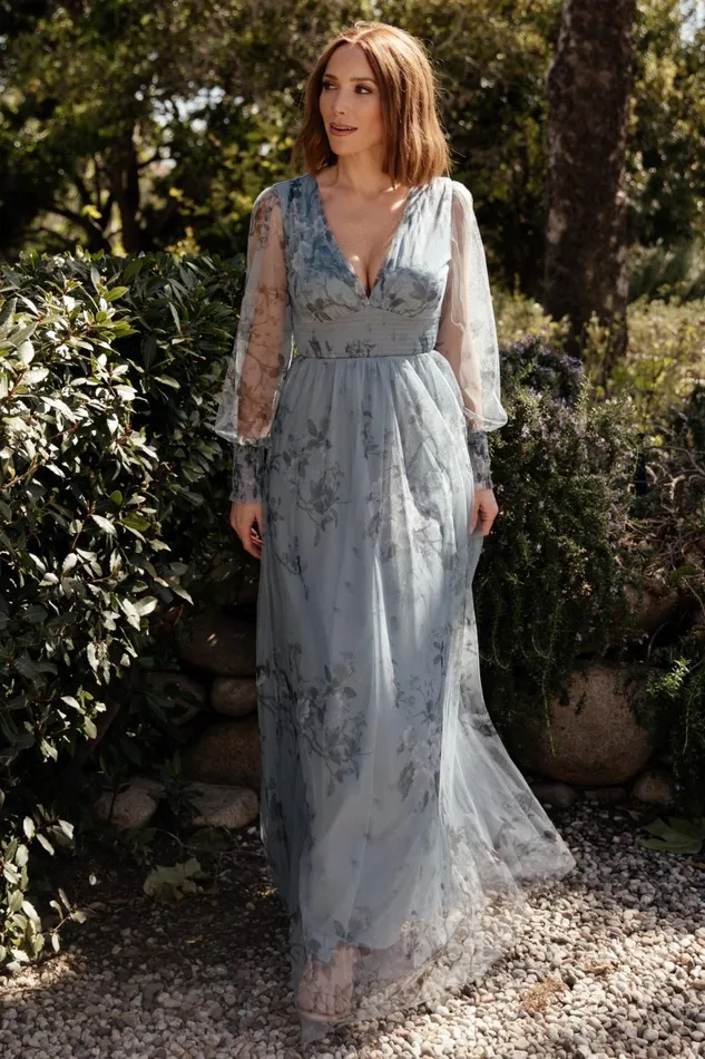 Women Tulle Styles Baltic Born Layla Tulle Maxi Dress Dusty Blue Floral