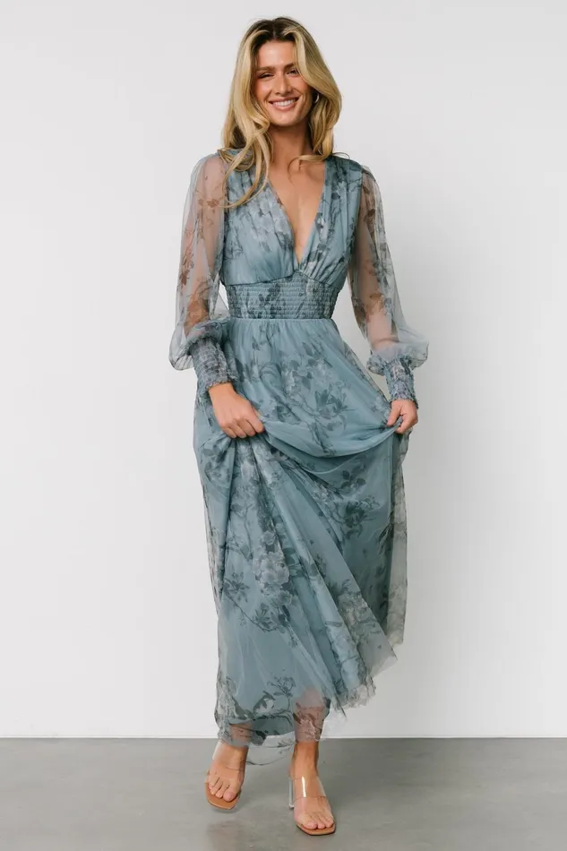 Women Tulle Styles Baltic Born Layla Tulle Maxi Dress Dusty Blue Floral