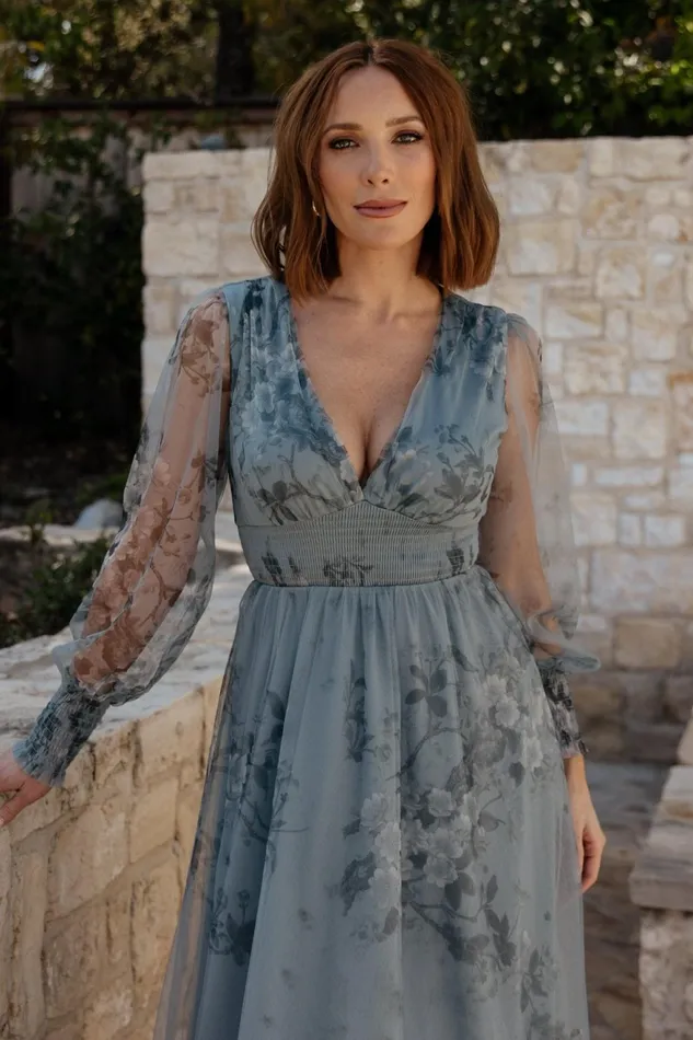 Women Tulle Styles Baltic Born Layla Tulle Maxi Dress Dusty Blue Floral