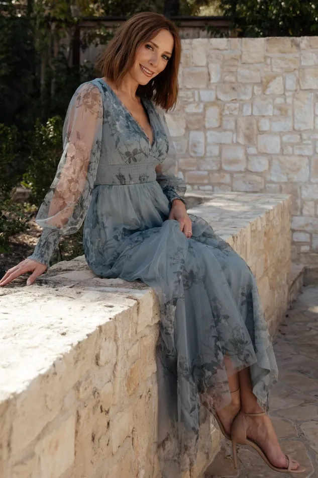 Women Tulle Styles Baltic Born Layla Tulle Maxi Dress Dusty Blue Floral