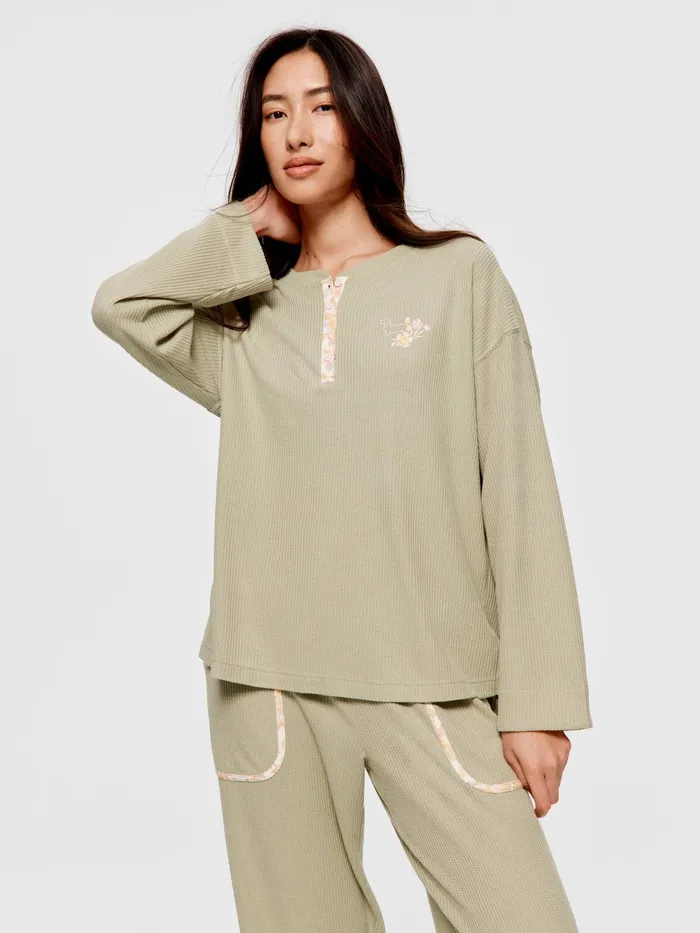 Women Waffle Henley Top Green Peter Alexander Tops