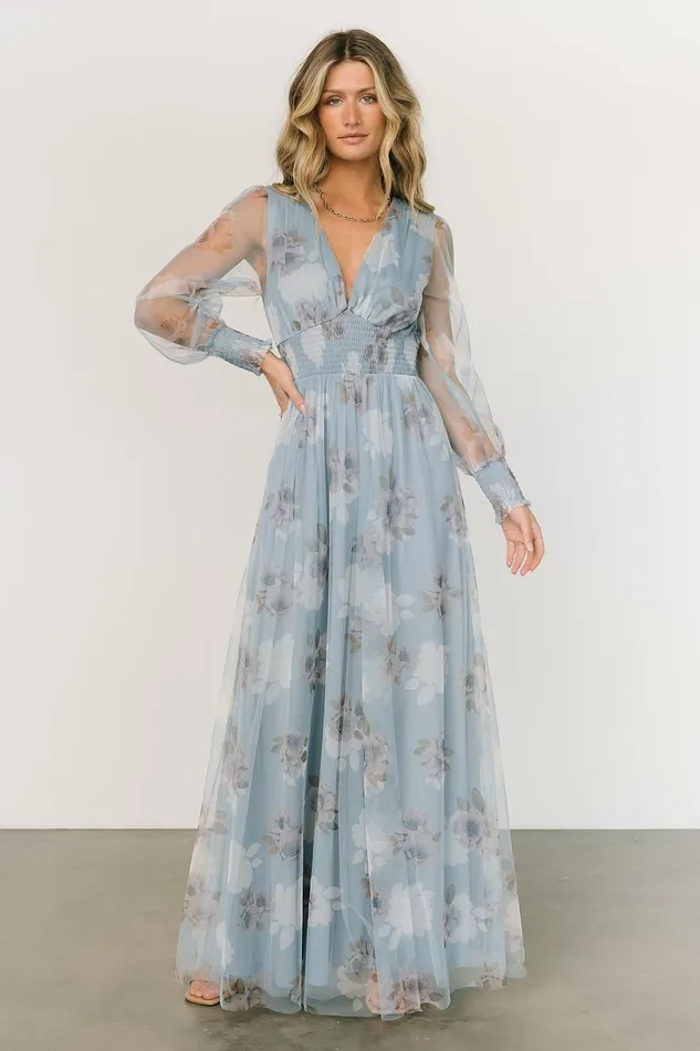 Women Wedding Guest Baltic Born Layla Tulle Maxi Dress Light Blue Floral