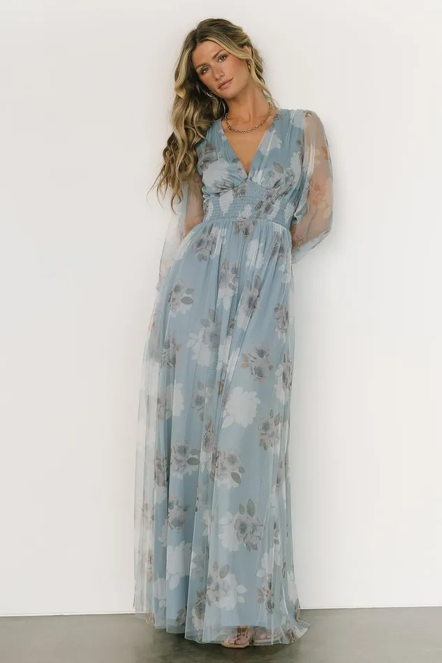 Women Wedding Guest Baltic Born Layla Tulle Maxi Dress Light Blue Floral