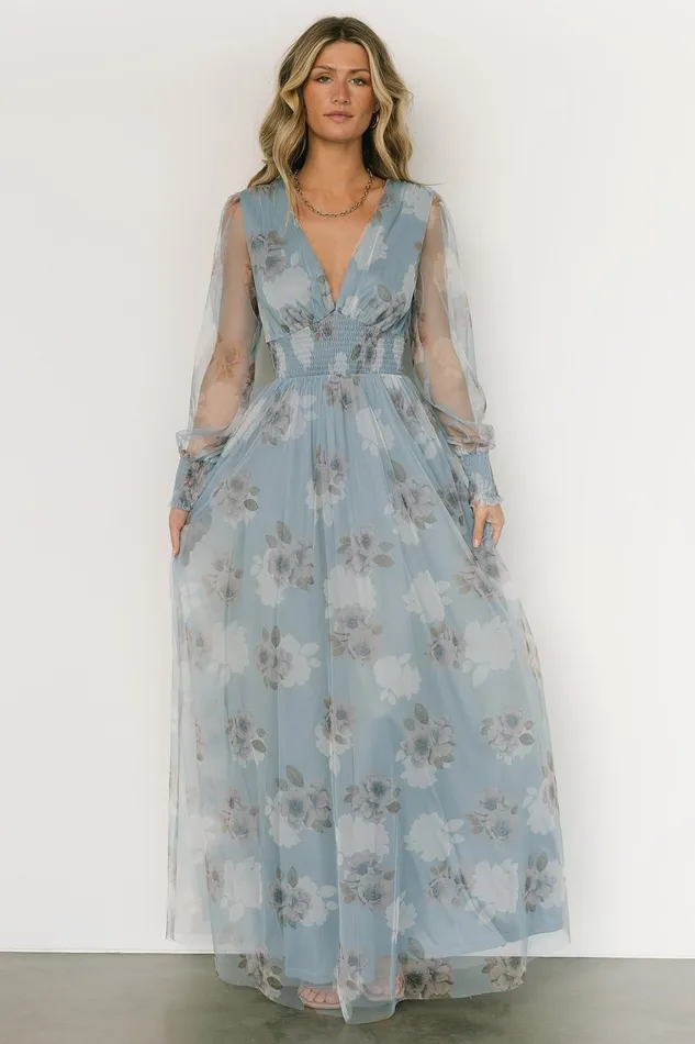 Women Wedding Guest Baltic Born Layla Tulle Maxi Dress Light Blue Floral