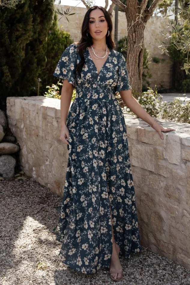 Women Wedding Guest Baltic Born Verona Smocked Maxi Dress Slate Floral