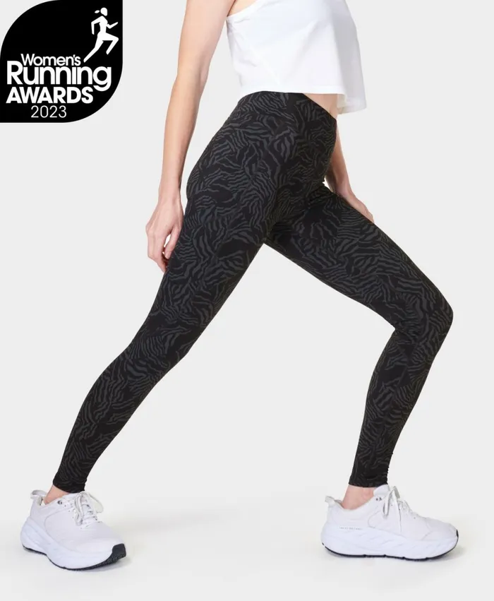 Women Zero Gravity Running Leggings Grey Zebra Check Print Sweaty Betty Pocketed