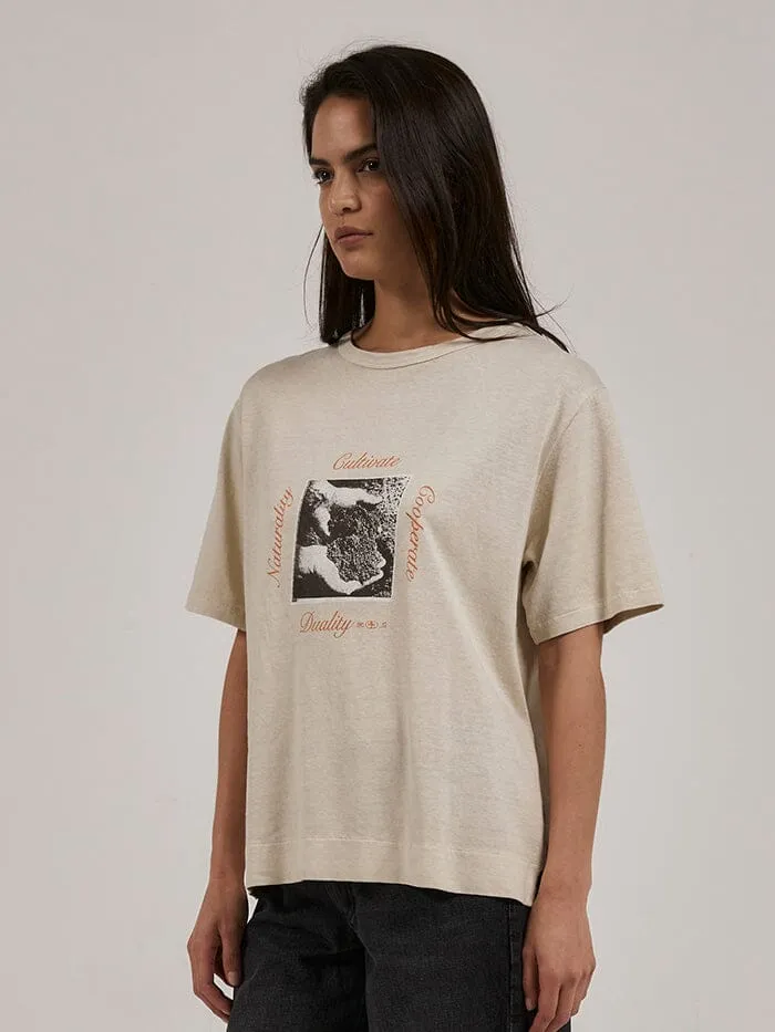 Womens Cultivate Hemp Box Tee Cashew Thrills Tops and Tees