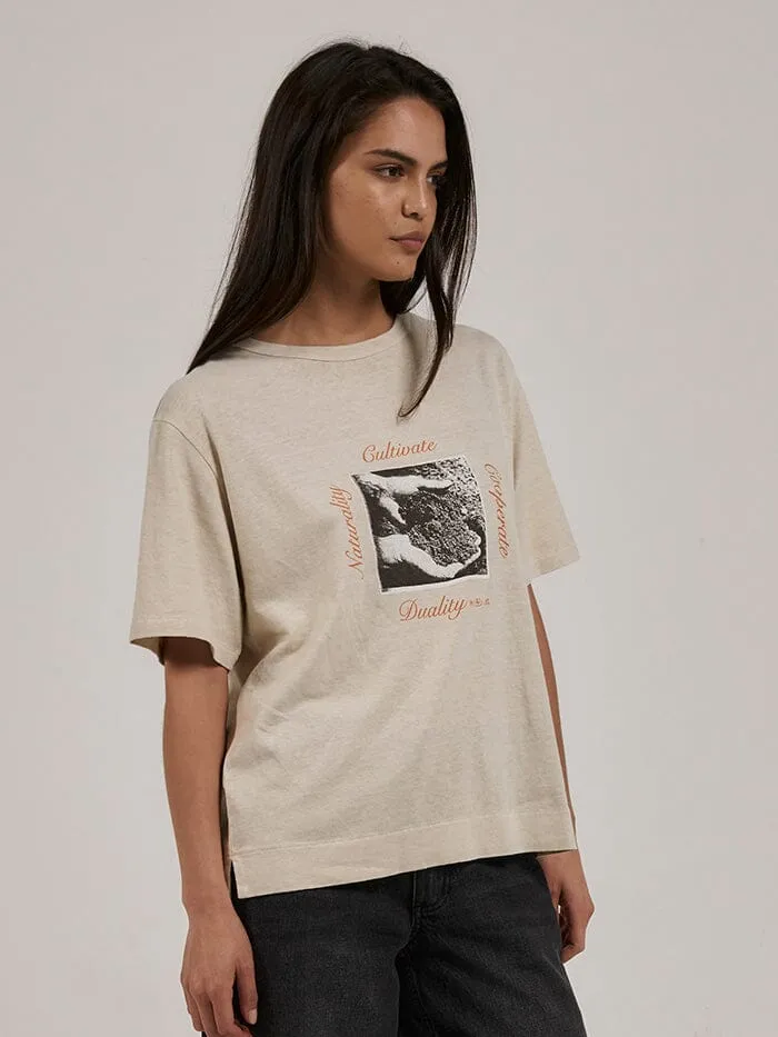 Womens Cultivate Hemp Box Tee Cashew Thrills Tops and Tees