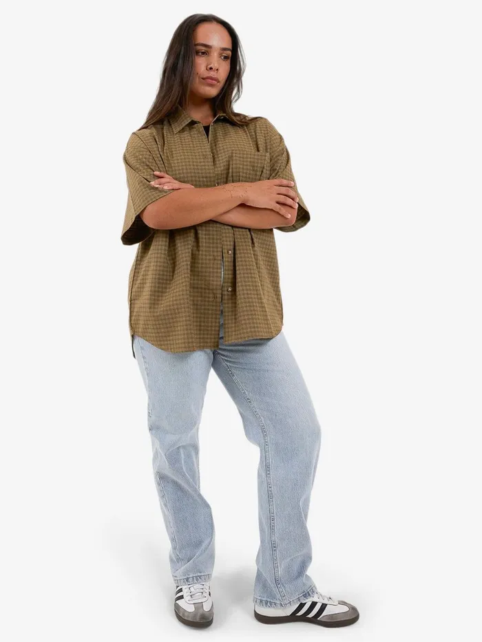 Womens Dawson Plaid Shirt Mustard Gold Thrills Tops and Tees