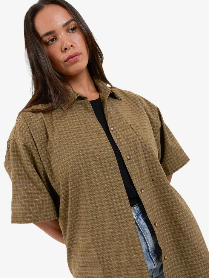 Womens Dawson Plaid Shirt Mustard Gold Thrills Tops and Tees