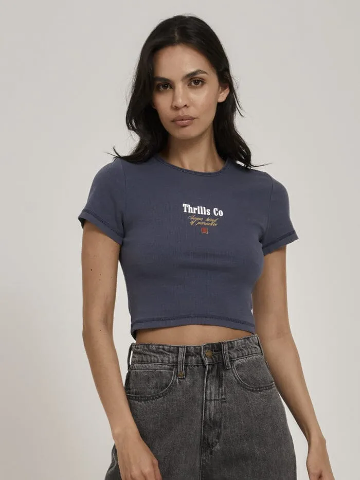 Womens Heavy Strength Baby Tee Vintage Navy Thrills Tops and Tees