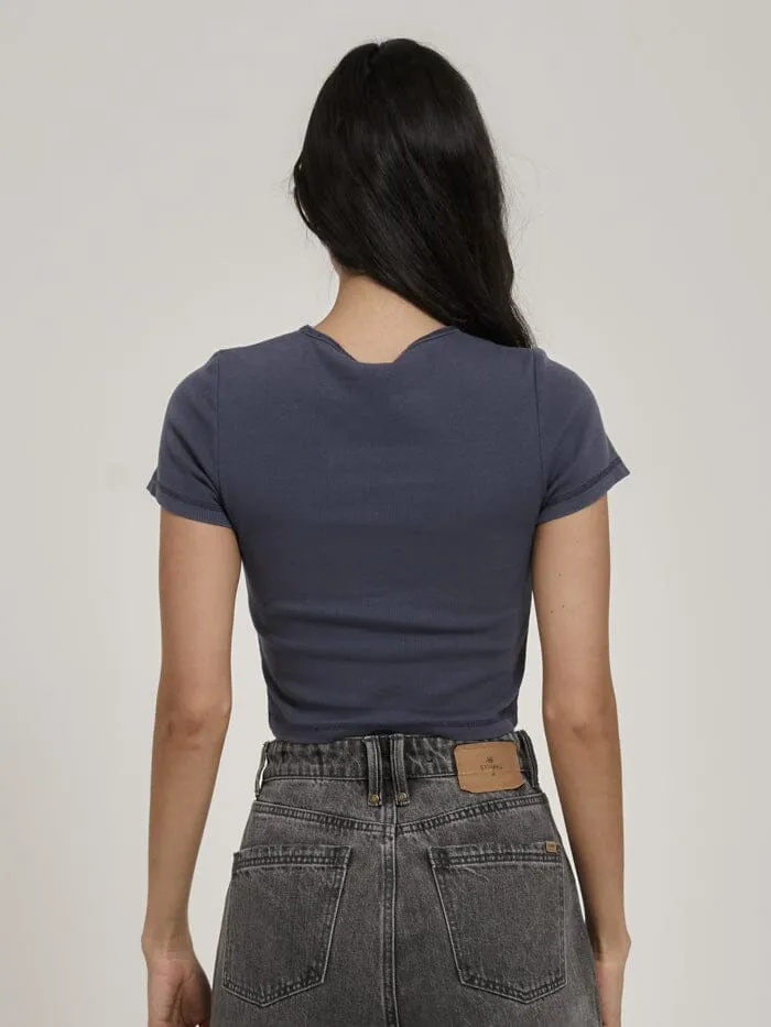 Womens Heavy Strength Baby Tee Vintage Navy Thrills Tops and Tees