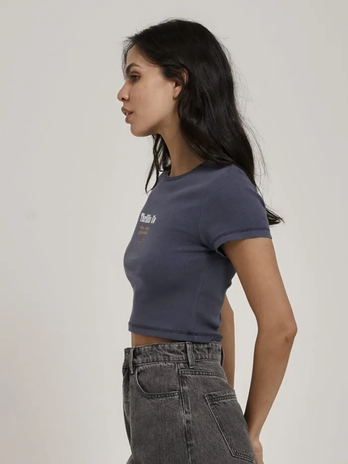 Womens Heavy Strength Baby Tee Vintage Navy Thrills Tops and Tees