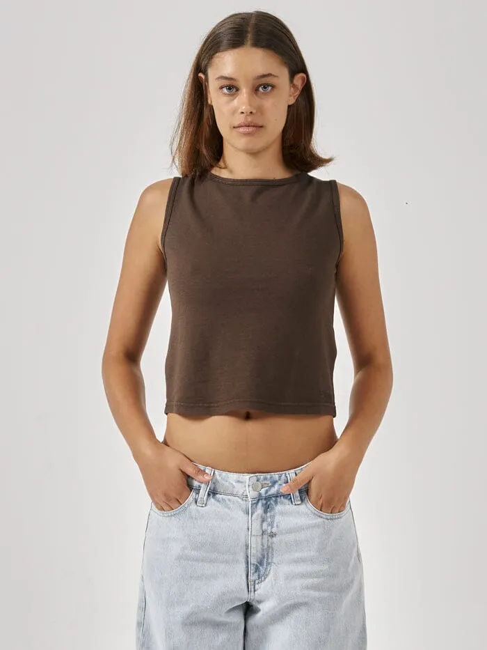 Womens Hemp Boat Neck Tank Postal Brown Thrills Tops and Tees