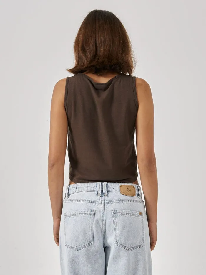 Womens Hemp Boat Neck Tank Postal Brown Thrills Tops and Tees