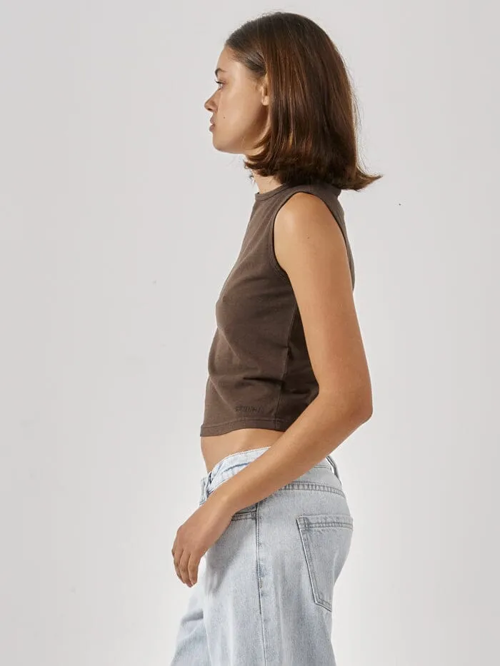 Womens Hemp Boat Neck Tank Postal Brown Thrills Tops and Tees