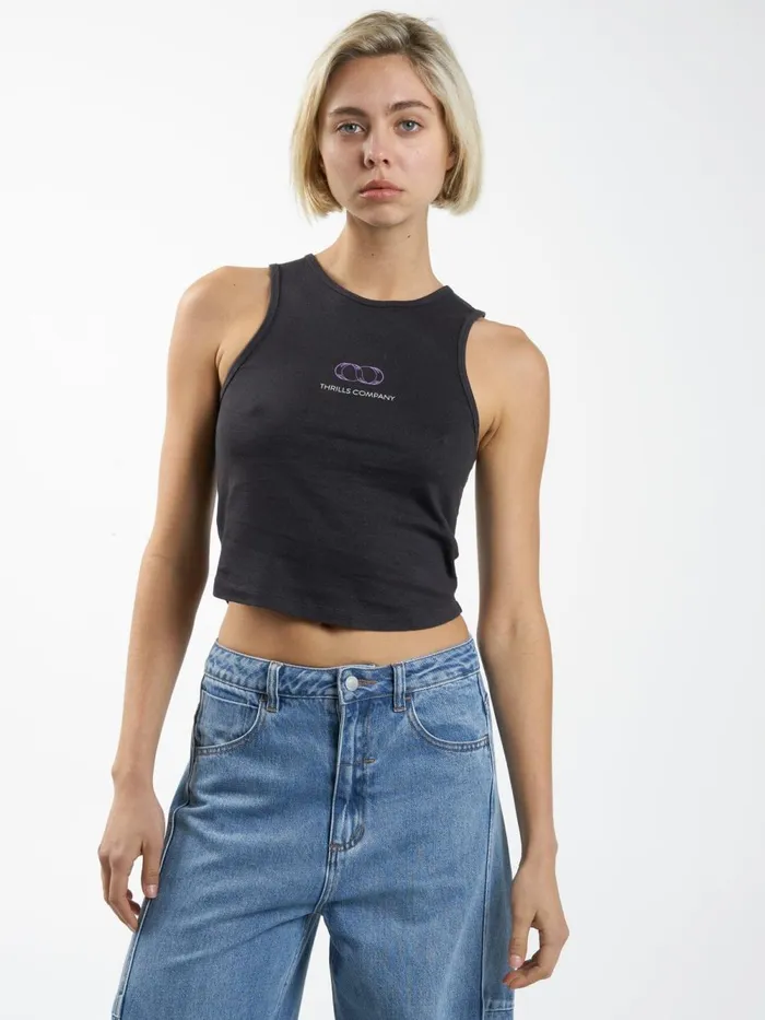 Womens Infinite Reality Hemp Curve Tank Washed Black Thrills Tops and Tees