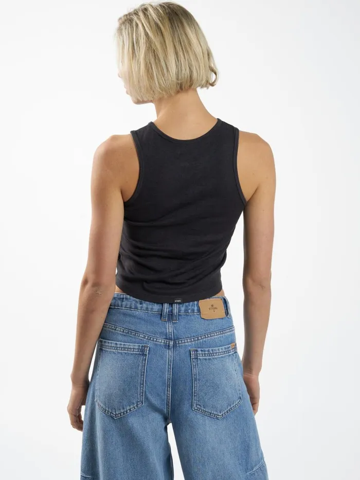 Womens Infinite Reality Hemp Curve Tank Washed Black Thrills Tops and Tees