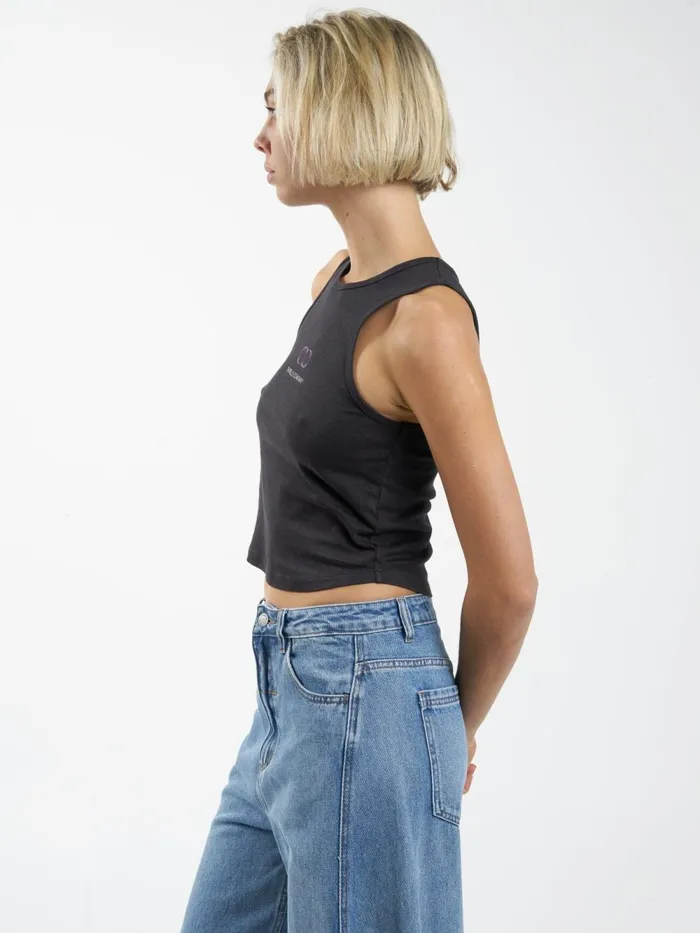 Womens Infinite Reality Hemp Curve Tank Washed Black Thrills Tops and Tees
