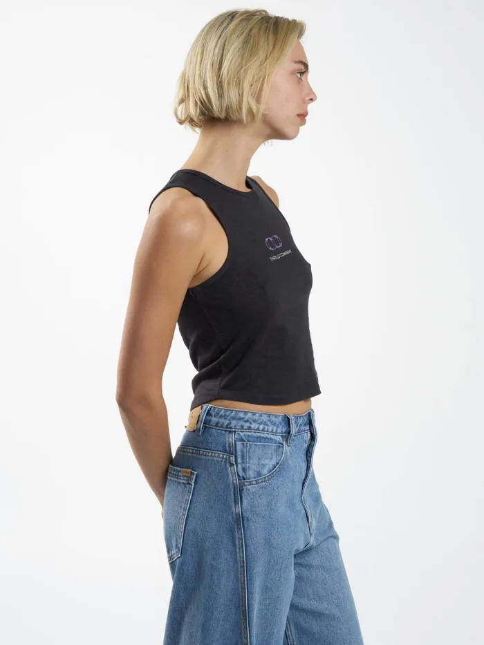 Womens Infinite Reality Hemp Curve Tank Washed Black Thrills Tops and Tees